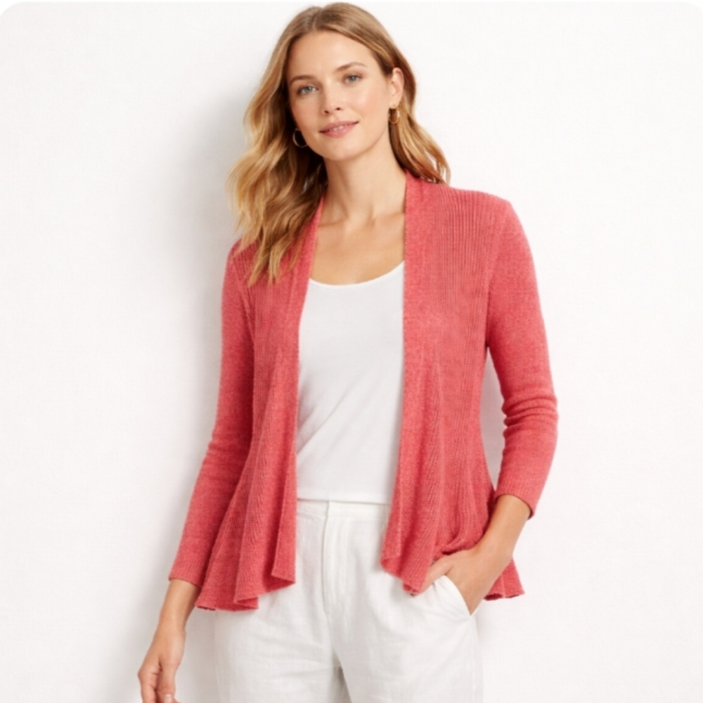 EILEEN FISHER Linen Blend Coral Peplum Open Knit Cardigan Sweater | SP